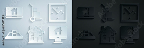Set Home symbol, Clock, Swimming pool with ladder, Computer monitor smart home, Hand truck and boxes and Laptop icon. Vector
