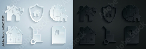 Set Hand truck and boxes, Globe with house symbol, Home, House contract, shield and icon. Vector