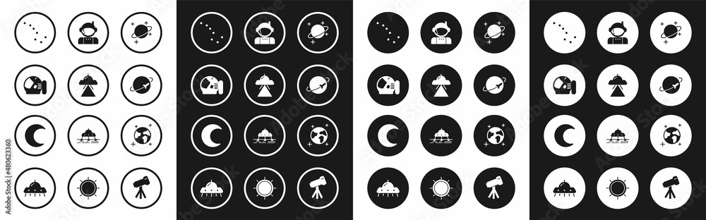 Set Planet, UFO flying spaceship, Astronaut helmet, Great Bear constellation, Earth globe and Moon and stars icon. Vector