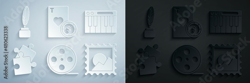 Set Film reel, Music synthesizer, Piece of puzzle, Picture landscape, Casino chip playing cards and Feather inkwell icon. Vector