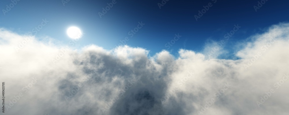,Beautiful cloud landscape above the clouds at sunset, clouds panorama at sunrise, flight above the clouds, 3d rendering