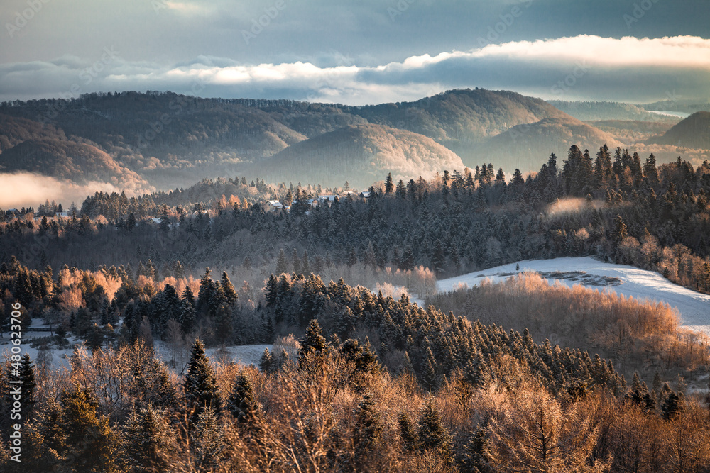 Amazing winter morning in the mountains, Bieszczady Mountains, Poland