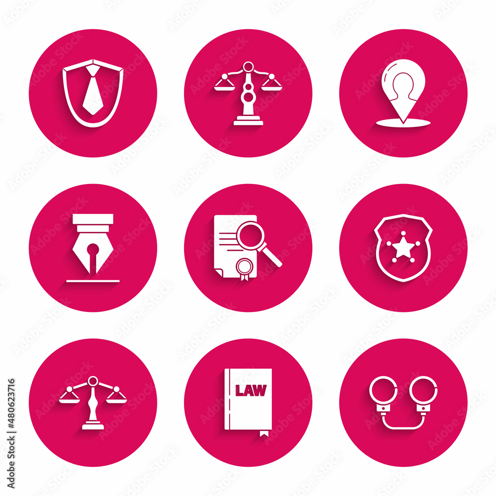 Set Document with search, Law book, Handcuffs, Police badge, Scales of justice, Fountain pen nib, Map marker silhouette person and Tie icon. Vector Set Document with search, Law book, Handcuffs, Police badge, Scales of justice, Fountain pen nib, Map marker silhouette person and Tie icon. Vector