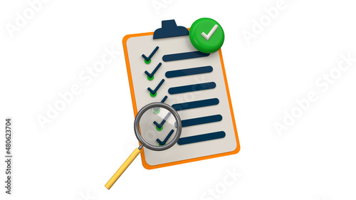 checklist icon with lens isolated on white, 3d illustration