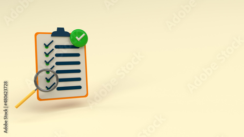 checklist with lens in a pastel background, 3d illustration