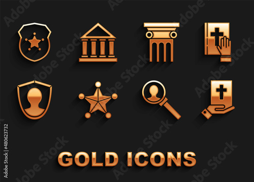 Set Hexagram sheriff, Oath on the Holy Bible, Magnifying glass for search, User protection, Law pillar, Police badge and Courthouse building icon. Vector