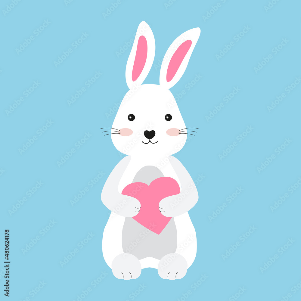 A cute white bunny holds a heart in its paws. The rabbit character is drawn in a flat style on a blue isolated background. Sticker with a hare for a postcard for Valentine's Day. A cute white bunny holds a heart in its paws. The rabbit character is drawn in a flat style on a blue isolated background. Sticker with a hare for a postcard for Valentine's Day.