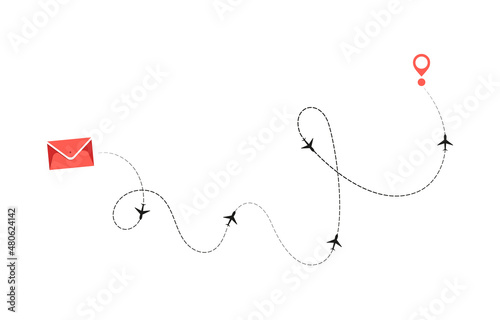 Dotted path that can be used to send an airmail letter envelope. Way to anywhere. Air mail. Vector illustration isolated on white background.