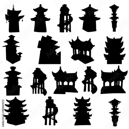 Set of silhouette Japanese pagodas, Chinese temple or Buddhist monastery and Tree house on stilts for living in jungles. China religious architecture. Watch towers set, Eastern Han Dynasty. Vector.
