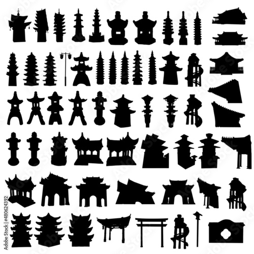 Silhouette of Chinese and Japanese pagodas. Japan street lamp Toro. Asian pole lantern. Archway gates or gate arch. Japanese Torii. Temple or Buddhist monastery architecture. Tree house. Set. Vector.