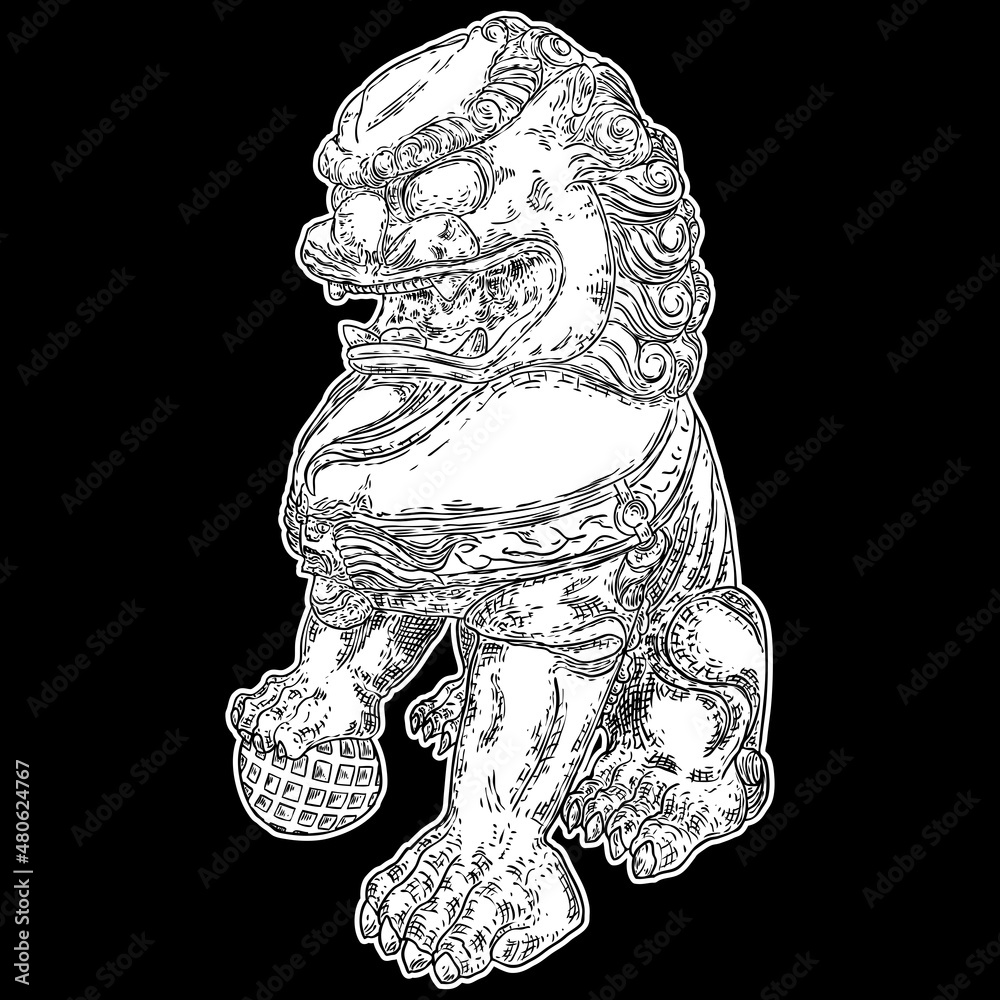 Drawing of traditional Chinese lion on a white background. Oriental