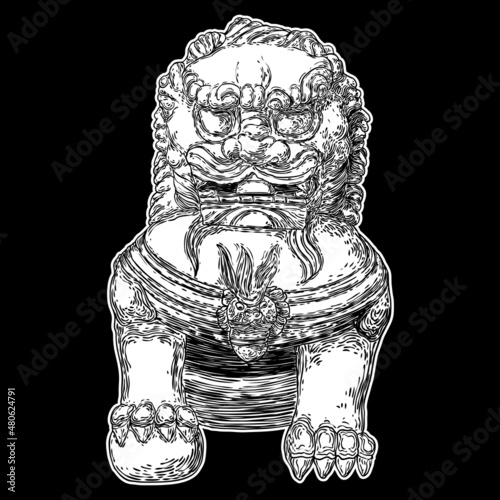 Chinese Imperial lion statue made of marble, traditional stone carving sculpture of China, the symbol of protection and power. Antique lion carving. Symbolic elements at the entrances. Vector.