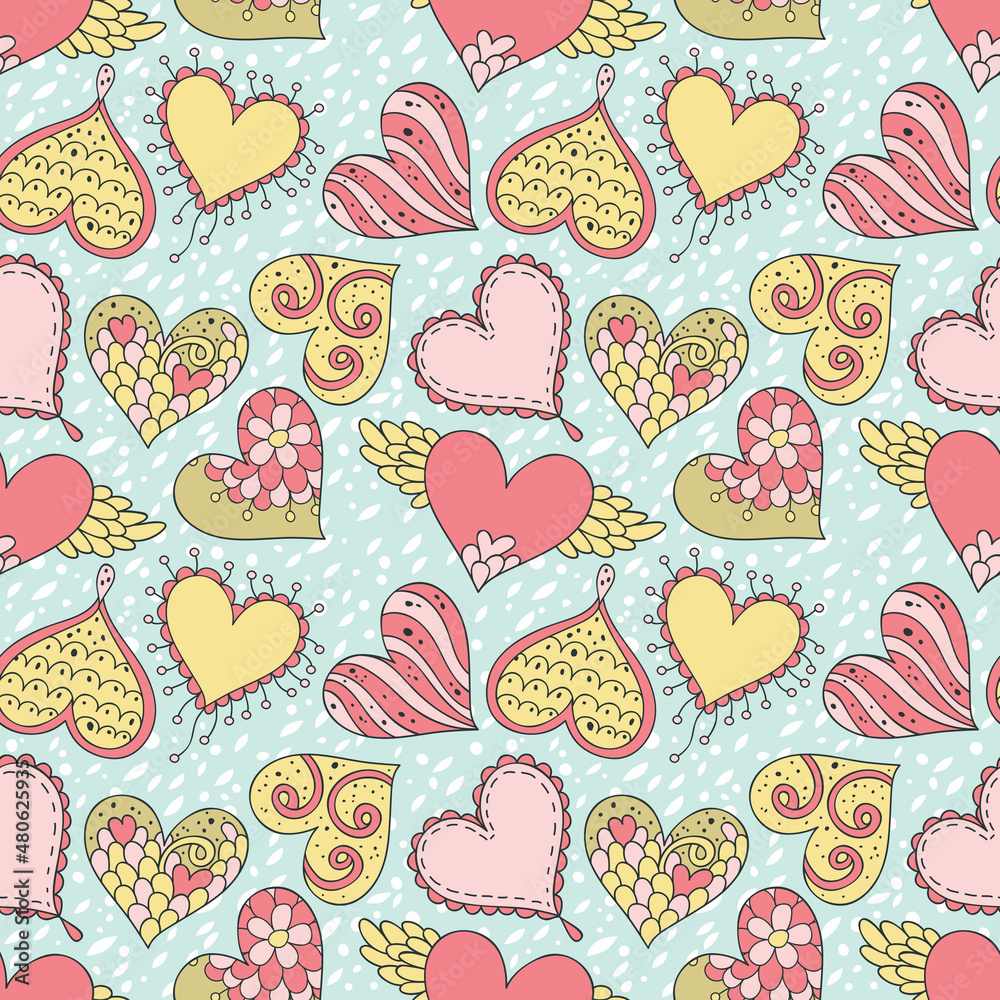 Seamless pattern with hearts in beautiful colors. Drawn with line and outline. Seamless pattern with hearts in beautiful colors. Drawn with line and outline.