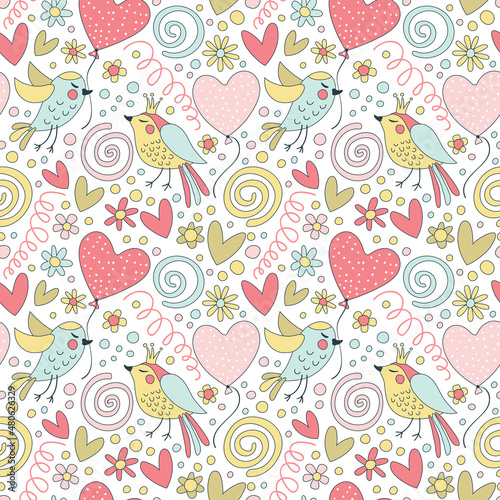 Seamless pattern with hearts, birds and balloons. Drawn with a line in pastel colors.