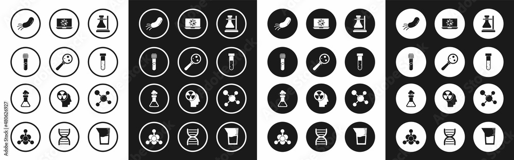 Set Test tube flask on stand, Microorganisms under magnifier, chemical, Bacteria, laptop, Molecule and icon. Vector Set Test tube flask on stand, Microorganisms under magnifier, chemical, Bacteria, laptop, Molecule and icon. Vector