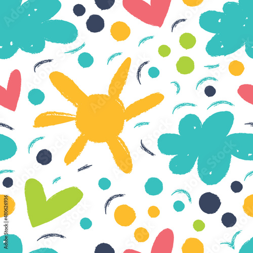 Cute seamless pattern with sun, hearts and clouds.