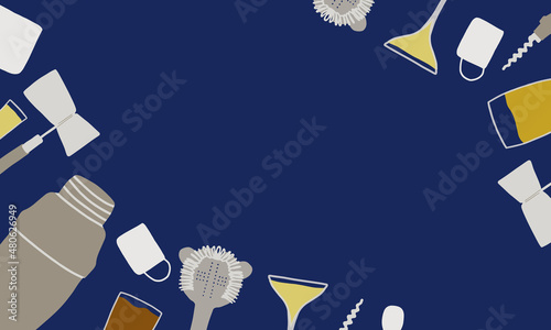 Beautiful vector background with bartending equipment shaker, mixing, serving, spoon, pouring cocktails, corkscrew, glasses of drinks in the bar, in a flat and cartoon style. National Bartender Day 