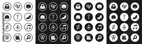 Set Computer monitor with heart, Key in shape, Laptop, Envelope, Woman shoe high heel, Telephone speech bubble, Music note, tone hearts and Male gender symbol icon. Vector