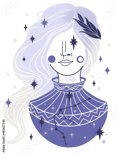 Aquarius Zodiac Sign Female Portrait in monochrome violet
