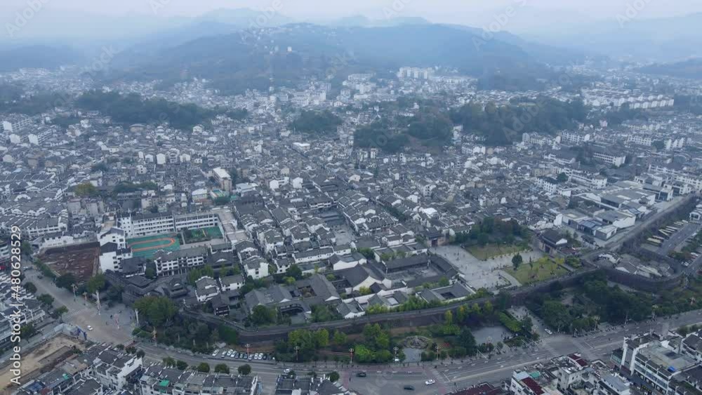 Aerial photography of Huangshan Huizhou ancient city panorama Aerial photography of Huangshan Huizhou ancient city panorama
