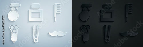 Set Curling iron for hair, Hairbrush, Electric razor blade men, Mustache, Aftershave and Hairdresser pistol spray bottle icon. Vector