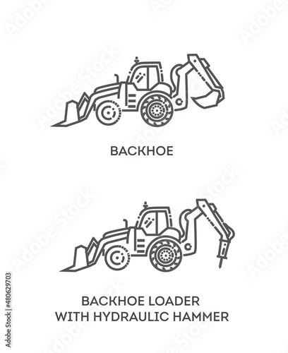 Backhoe. Industrial transport. Industrial machinery icon. Vector symbol