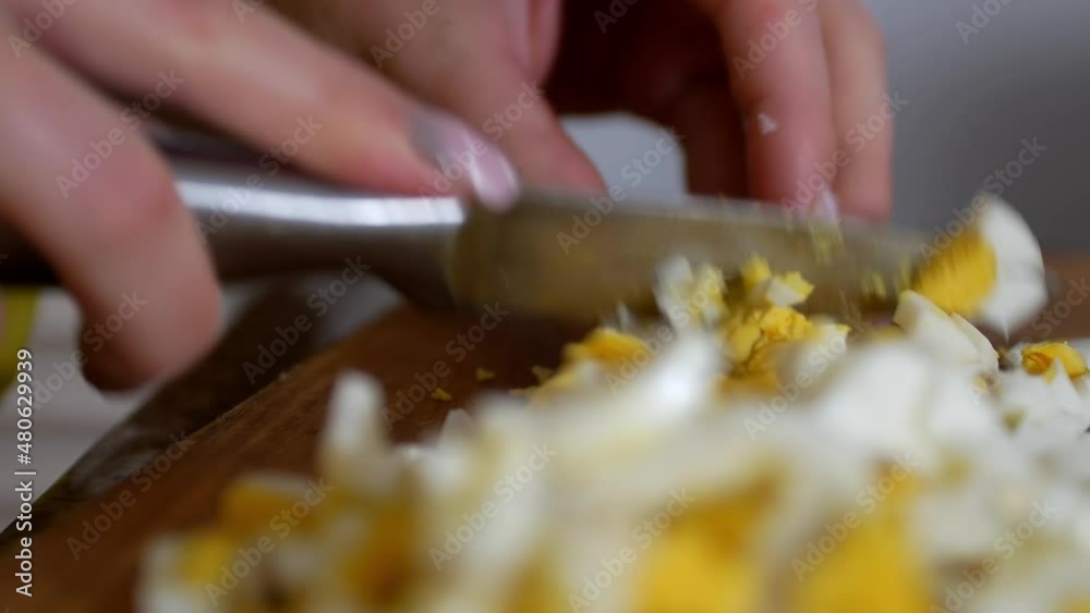 Girl cutting eggs on wooden board outdoors. Close up of woman's hands cutting boiled chicken egg with knife on chopping board. Cook prepares ingredients for salad in the home kitchen. Food concept. Girl cutting eggs on wooden board outdoors. Close up of woman's hands cutting boiled chicken egg with knife on chopping board. Cook prepares ingredients for salad in the home kitchen. Food concept.