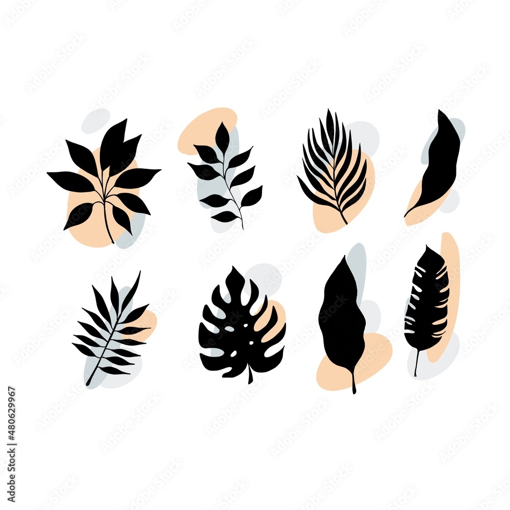 Set Line Art plant silhouette with Geometry Colored Shapes. Modern trendy background design for print, poster,, wallpaper. Contour drawing. Minimalism art. Modern decor. Wall art.