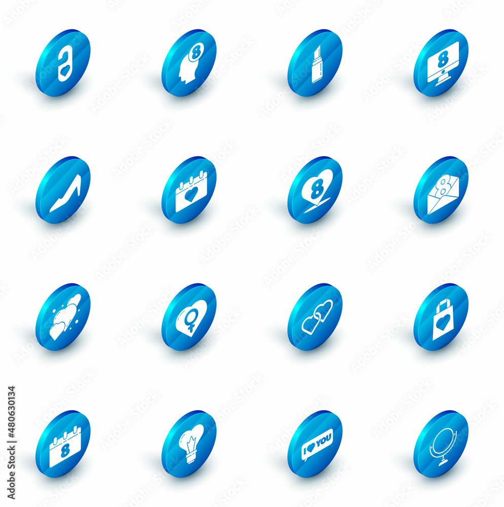 Set 8 March in human head, Lipstick, on monitore, Woman shoe, Heart, Calendar with, Envelope and icon. Vector Set 8 March in human head, Lipstick, on monitore, Woman shoe, Heart, Calendar with, Envelope and icon. Vector