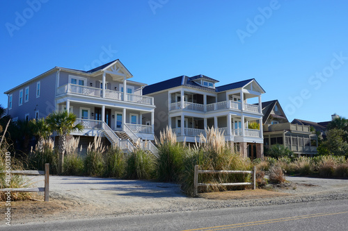 Streetview of a row of beach houses on the South Carolina coast