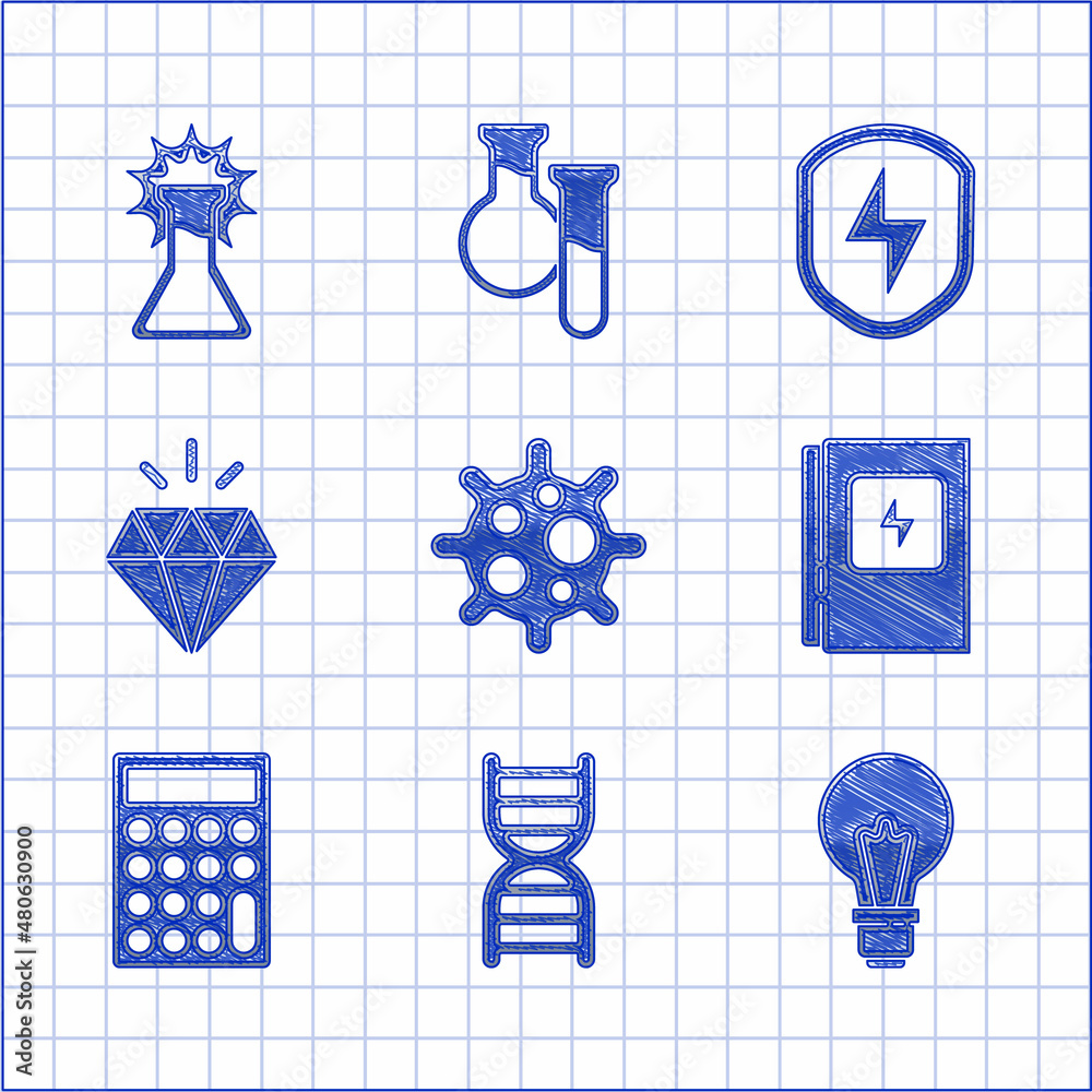 Set Virus, DNA symbol, Light bulb with concept of idea, Electrical panel, Calculator, Diamond, Secure shield lightning and Test tube and flask icon. Vector Set Virus, DNA symbol, Light bulb with concept of idea, Electrical panel, Calculator, Diamond, Secure shield lightning and Test tube and flask icon. Vector