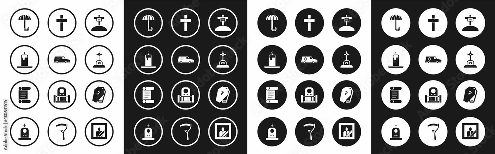 Set Grave with cross, Hearse car, Burning candle, Umbrella, Christian, Coffin and Decree, parchment, scroll icon. Vector Set Grave with cross, Hearse car, Burning candle, Umbrella, Christian, Coffin and Decree, parchment, scroll icon. Vector