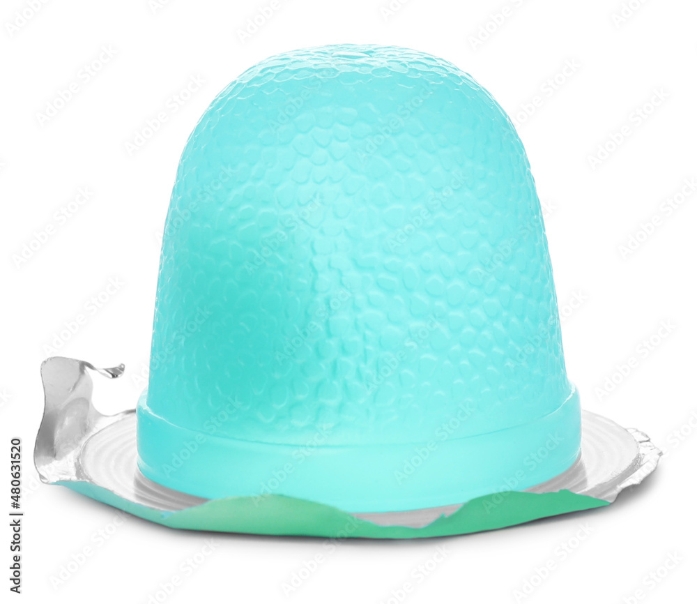 Delicious light blue jelly cup isolated on white Delicious light blue jelly cup isolated on white