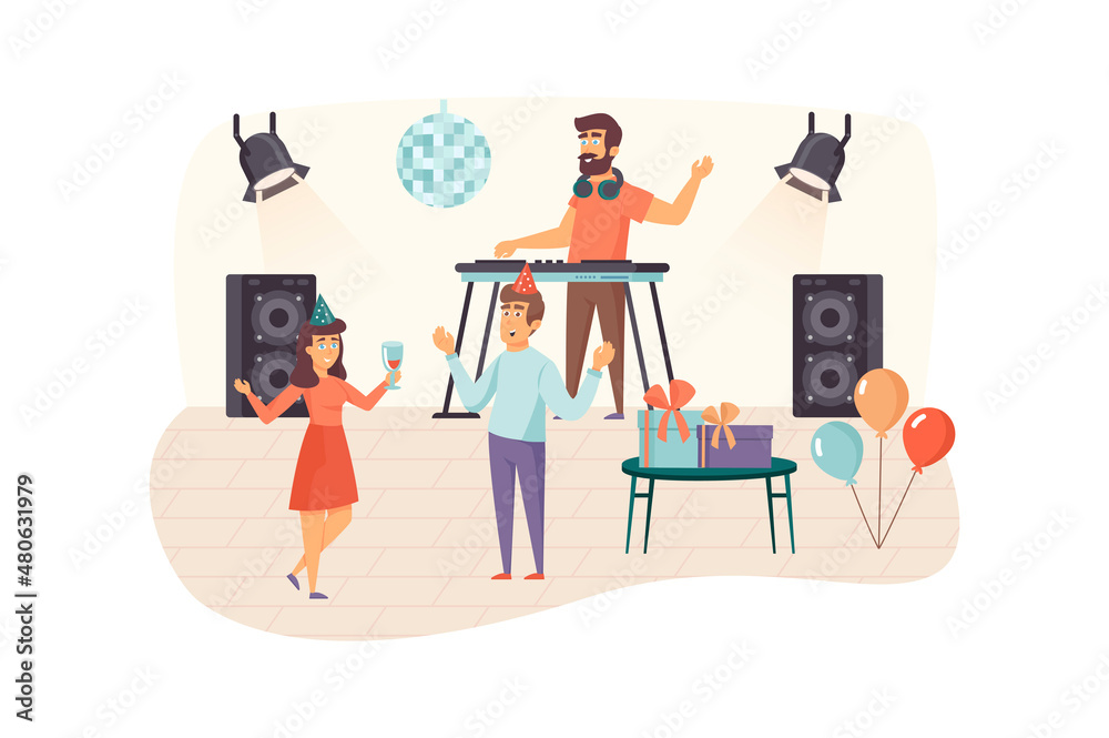 Man and woman having fun and dancing at party scene. DJ plays music at mixing panel at club. Holiday, celebration, pastime together concept. Illustration of people characters in flat design