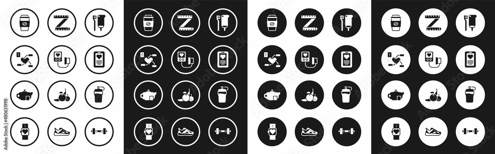 Set Toothbrush and toothpaste, Blood pressure, Attention health heart, Coffee cup go, Medical clipboard, Tape measure, Fitness shaker and Teapot with icon. Vector