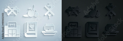Set Medical book, No doping syringe, Gym building, Junk food, Fruit and junk icon. Vector