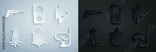 Set Turtle, Fish, Octopus, Diving mask and snorkel, Gauge scale and Fishing harpoon icon. Vector