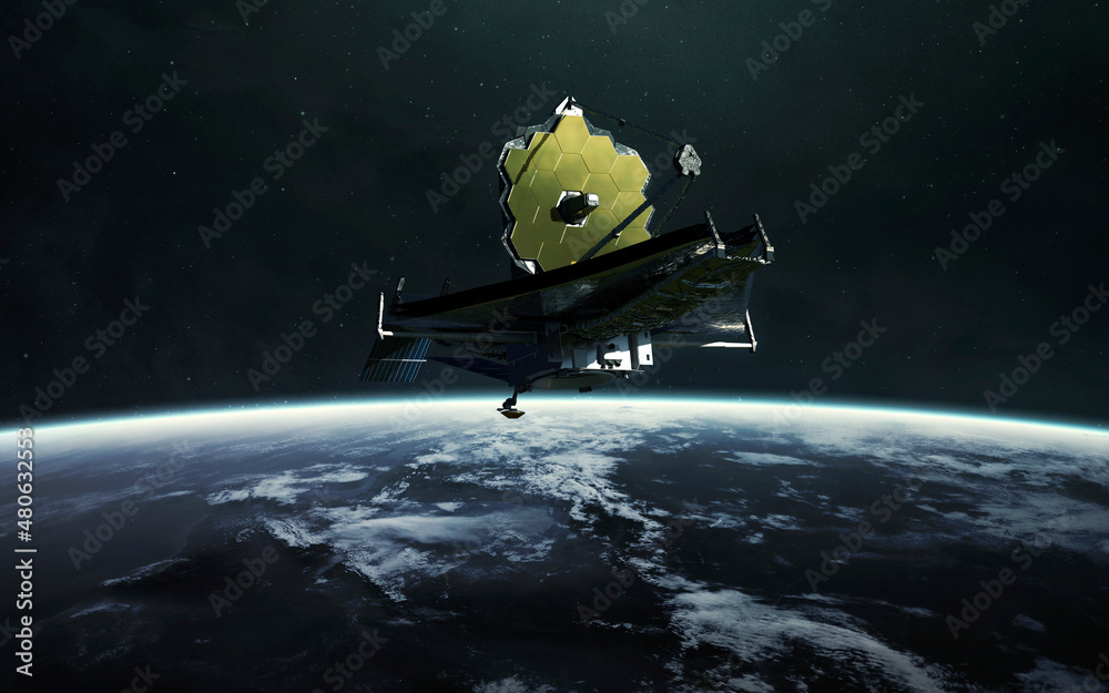 The James Webb telescope orbiting planet Earth. JWST launch art. Elements of image provided by Nasa
