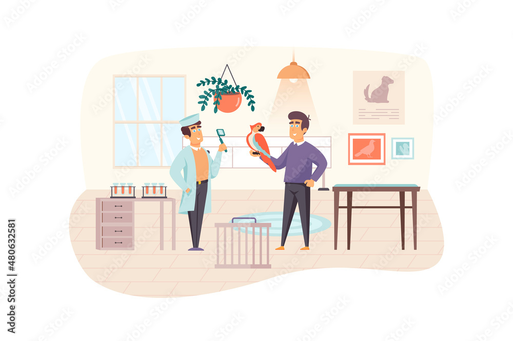 Veterinary clinic scene. Man with parrot visiting veterinarian, doctor examining bird. Medical office interior. Vet medicine, pet care concept. Illustration of people characters in flat design Veterinary clinic scene. Man with parrot visiting veterinarian, doctor examining bird. Medical office interior. Vet medicine, pet care concept. Illustration of people characters in flat design