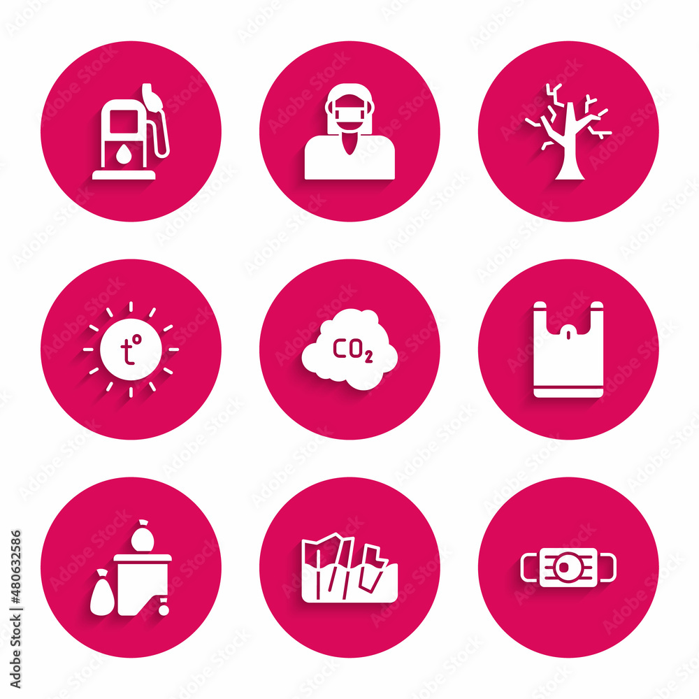 Set CO2 emissions in cloud, Glacier melting, Medical protective mask, Plastic bag, Full dustbin, Sun, Withered tree and Petrol or gas station icon. Vector Set CO2 emissions in cloud, Glacier melting, Medical protective mask, Plastic bag, Full dustbin, Sun, Withered tree and Petrol or gas station icon. Vector
