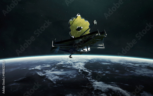 Obraz na płótnie The James Webb telescope orbiting planet Earth. JWST launch art. Elements of image provided by Nasa w salonie
