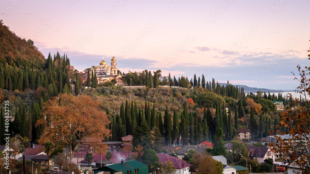 Naklejka premium Top view of the New Athos Orthodox Monastery. The current Orthodox church. Landmark of Abkhazia in the city of New Athos.