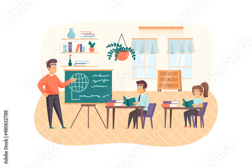 Geography lesson scene. Teacher stand by chalkboard, pupils study in classroom. Primary education, back to school, Knowledge Day concept. Illustration of people characters in flat design