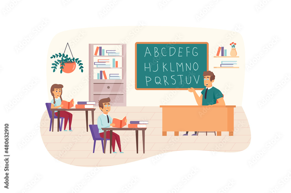 English lesson scene. Teacher explains topic, writes alphabet on ...