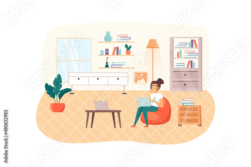 Designer working at home scene. Woman drawing graphics on laptop, typeset website or creates new digital product. Creative profession concept. Illustration of people characters in flat design © alexdndz