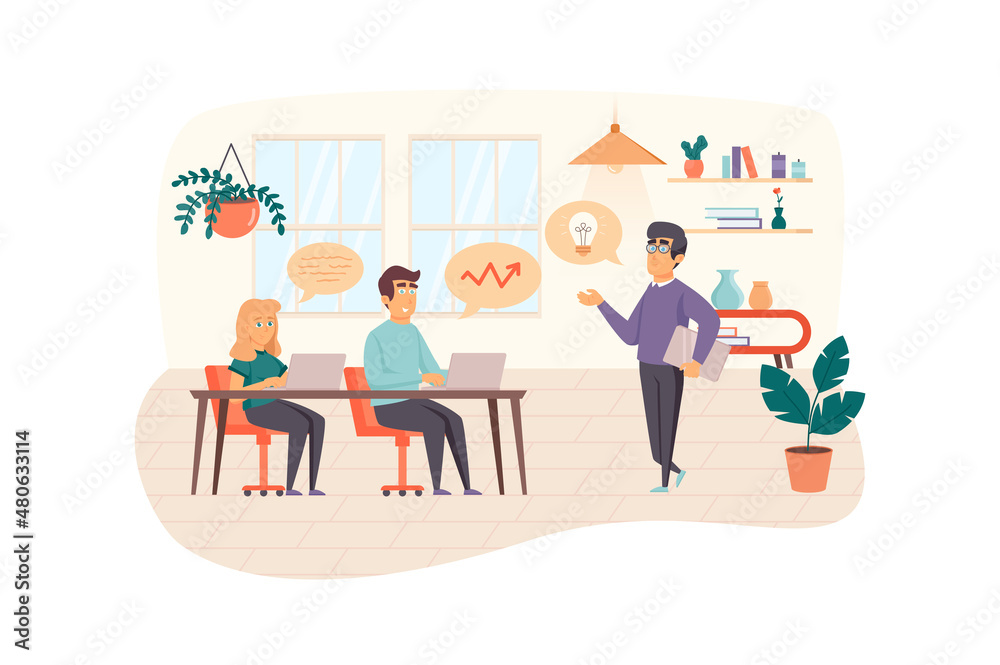 Business training scene. Coach gives seminar to office staff, team building. Improve professional skills, education, career growth concept. Illustration of people characters in flat design Business training scene. Coach gives seminar to office staff, team building. Improve professional skills, education, career growth concept. Illustration of people characters in flat design