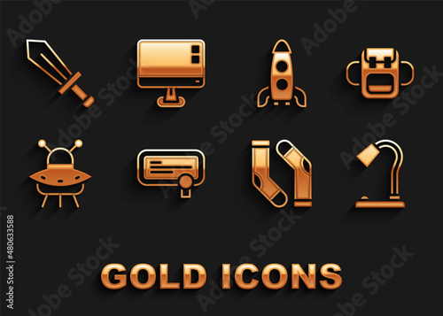 Set Certificate template, School backpack, Table lamp, Socks, UFO flying spaceship, Rocket, Sword for game and Computer monitor screen icon. Vector