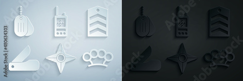 Set Japanese ninja shuriken, Chevron, Swiss army knife, Brass knuckles, Walkie talkie and Military dog tag icon. Vector