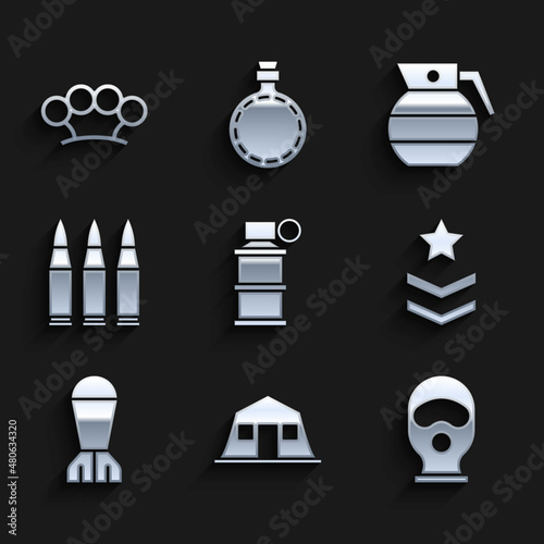 Set Hand smoke grenade, Military barracks, Balaclava, rank, Aviation bomb, Bullet, and Brass knuckles icon. Vector