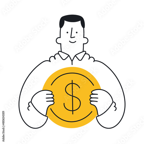 Businessman holding a dollar, gold coin. Concept of profit, income, banking, value. Outline, linear, thin line, doodle art. Simple style with editable stroke.